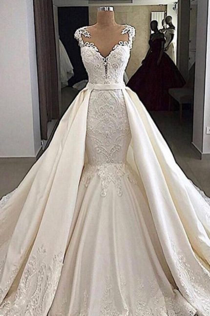 Unique 2-in-1 Mermaid Wedding DressWhite with Cap Sleeves and Overskirt