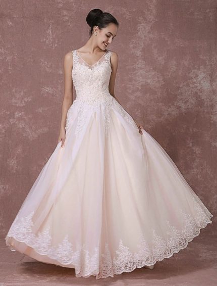 Luxury Champagne Lace Backless Bridal Gown with Floor-Length A-Line Silhouette and Beading