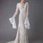 Boho Bridal Dress with V-Neck Long Sleeves Lace and Champagne Color