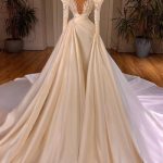 Elegant Satin Lace Wedding Dresses with Sleeves V-Neck and Cathedral Train