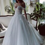 Glittery Tulle Wedding Dress with Off-the-Shoulder A-Line Silhouette and Long Train