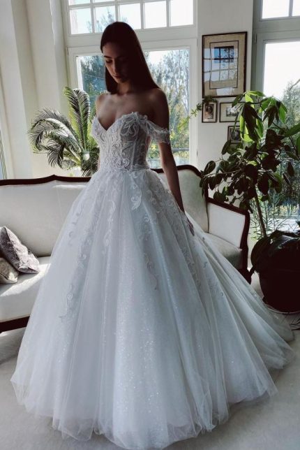 Glittery Tulle Wedding Dress with Off-the-Shoulder A-Line Silhouette and Long Train
