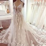 Backless Wedding Dress with Spaghetti Straps Appliques Lace and A-Line Silhouette