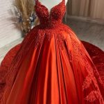 Orange Floral Appliques A-Line Wedding Dress with Charming Spaghetti Straps