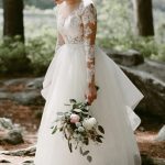 Garden Bridal Dress with White Floral Lace and Long Sleeves