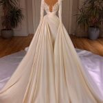 Satin Lace Wedding Dress with V-Neckline Sleeves and Cathedral Train