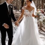 White Tulle Lace Wedding Dress with Cap Sleeves for a Garden Look