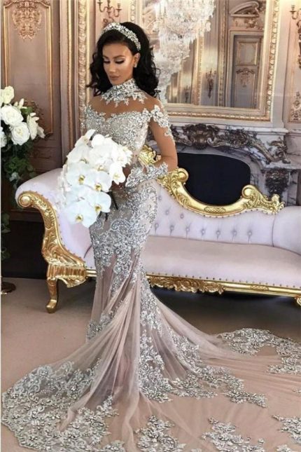 Silver Tulle Mermaid Wedding Dress with Lace Appliques and Long Sleeves