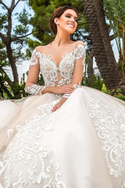 Ivory Lace Applique Wedding Dress with Illusion Neckline and Long Sleeves