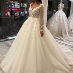 Leaves Lace Ball Gown Wedding Dress with V-Neckline and Long Sleeves