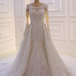 Sparkling Ivory Tulle Lace Wedding Dress with Jewel Long Sleeves