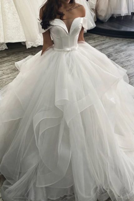 Puffy Layers Ball Gown Wedding Dress with Off-the-Shoulder Neckline