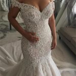 Sweetheart Pearl Mermaid Chapel Train Wedding Dress with Off-the-Shoulder Neckline