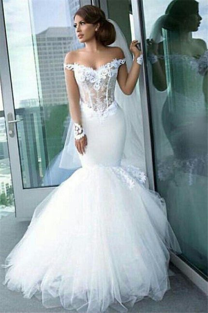 Long Sleeves Wedding Dress with Off-the-Shoulder Tulle and Mermaid Silhouette