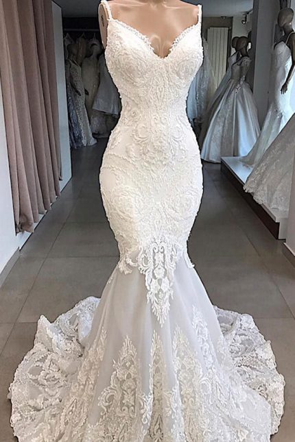 Open Back Mermaid Wedding Dress with V-Neckline Spaghetti Straps and Chapel Train