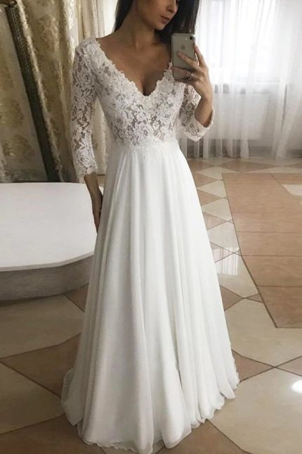 Garden Bridal Dress with V-Neckline Long Sleeves and Lace Details