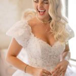 A-Line Wedding Dress with Short Sleeves V-Neckline and White Appliques