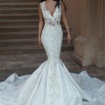 Mermaid Lace Bridal Gown with V-Neckline Sleeveless Design and Button Accents