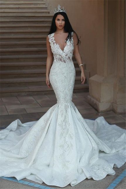 Mermaid Lace Bridal Gown with V-Neckline Sleeveless Design and Button Accents