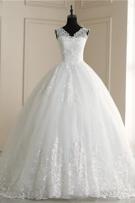 White Lace V-Neck Ball Gown Wedding Dress with Sleeveless Design