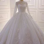 Romantic A-Line Wedding Dress with High Neckline and Lace Pearl Sequins