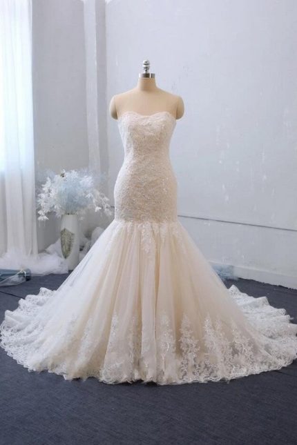 Mermaid Wedding Dress with Sweetheart Neckline Applique Lace and Backless Design