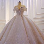 Sequin Beading Satin Ball Gown Wedding Dress with Long Off-the-Shoulder Sleeves