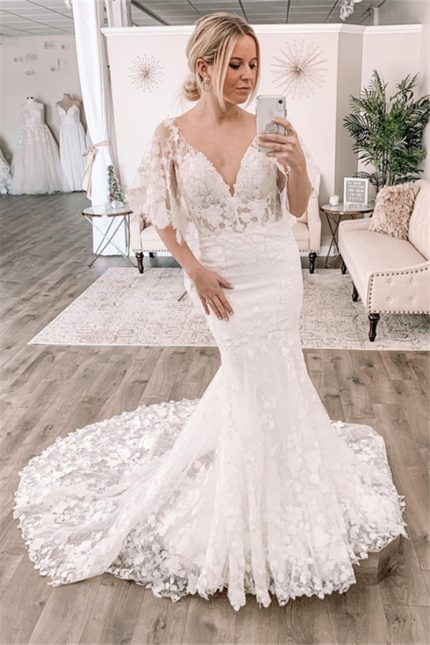 Lace Mermaid Wedding Dress with Cold Shoulder and Train