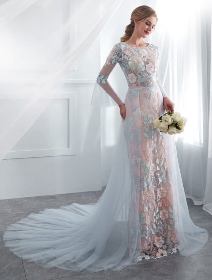 Baby Blue Lace Long Sleeve Bridal Dress with Colored Wedding Dresses and Train