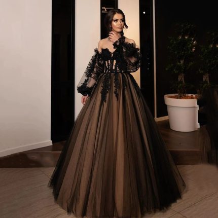 Puffy Sleeve Tulle Black Wedding Dress with Corset and Off-Shoulder Neckline