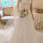 Short Sleeves Square Lace Ribbon Wedding Dress with A-Line Silhouette and Court Train
