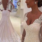 V-Neck Lace Long Sleeve Mermaid Wedding Dress with Court Train