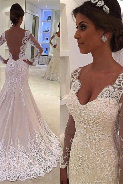 V-Neck Lace Long Sleeve Mermaid Wedding Dress with Court Train