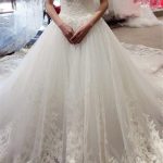 Bateau Applique Wedding Dress with Sleeveless Tulle Ball Gown and Court Train