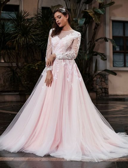 Long Sleeves Satin Fabric Jewel Neck Bridal Gown with TrainCustom-Made Design