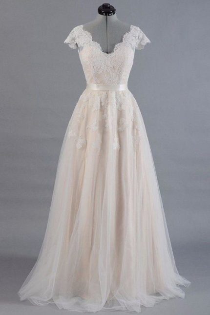 Cute Cap Sleeve V-Neck Lace Tulle Wedding Dress with A-Line Silhouette
