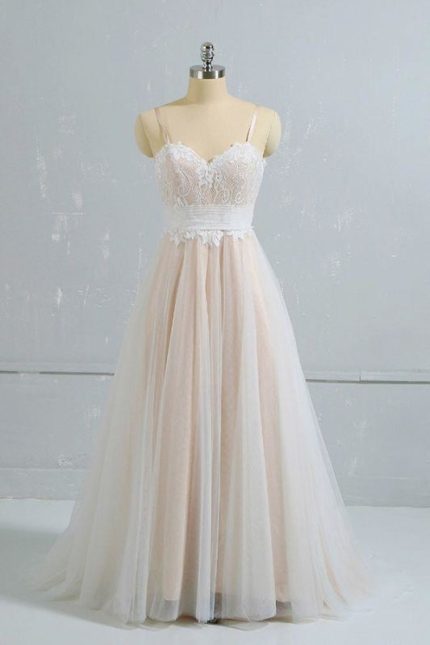 Cute A-Line Wedding Dress with Spaghetti Straps and Lace