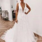 White Lace Long Prom Wedding Dress with Deep V-Neck and V-Back Formal Evening Dresses