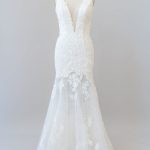 Appliques Tulle Mermaid Wedding Dress with Deep V-Neckline