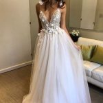Beading Straps Tulle Appliques A-Line Beach Wedding Dress with Deep V-Neckline