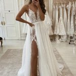 Ivory Lace Long Wedding Dress with Deep V-Neck Formal Evening Prom Dresses with High Neckline