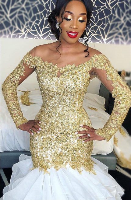 Gold Lace Long Sleeve Wedding Dress with Mermaid Silhouette