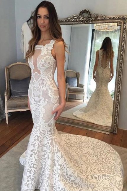 Illusion Court Train Lace Mermaid Wedding Dress with Delicate Details