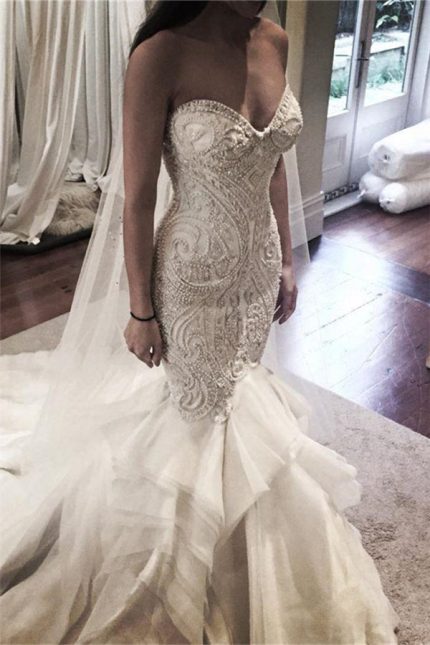 Spaghetti Strap Bridal Gown with Delicate Ruffle Tulle and Mermaid Silhouette