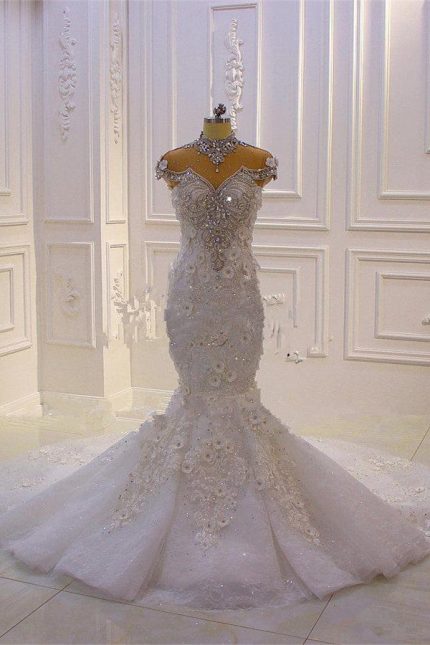 Delicate Mermaid Wedding Dress with Beading Sheer Tulle and Appliques