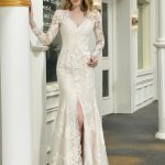Delicate Lace Wedding Dress with V-Neckline High Split and Court Train