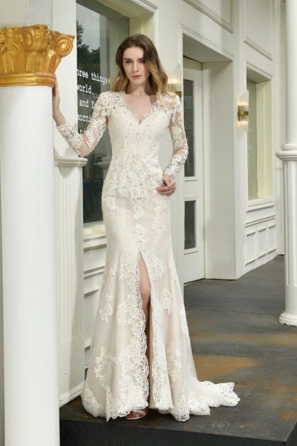 Delicate Lace Wedding Dress with V-Neckline High Split and Court Train