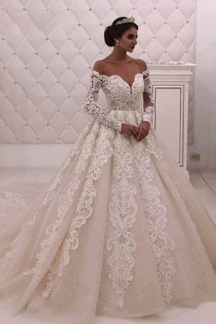 Princess White Wedding Dress with Off-The-Shoulder Lace Design by Designer