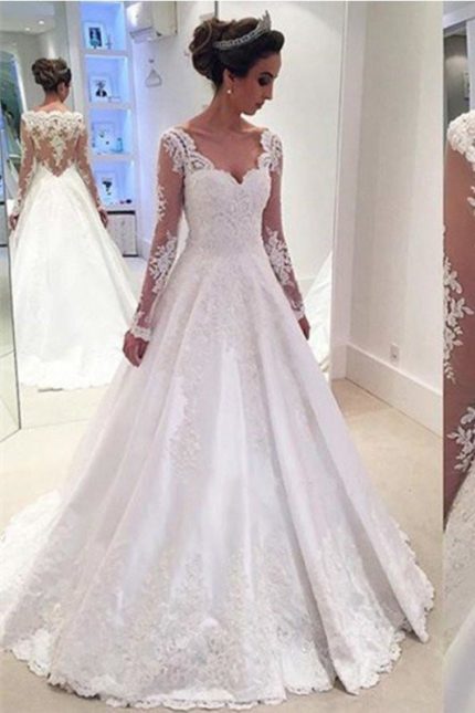 Elegant V-Neck A-Line Wedding Dress with Long Sleeves