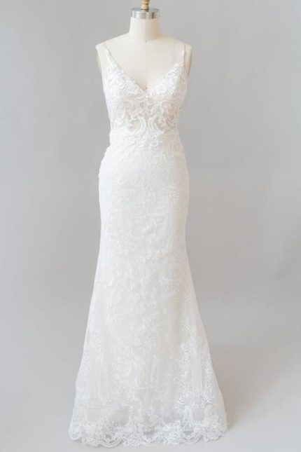 Sheath Wedding Dress with Elegant V-Neckline and Appliques Details